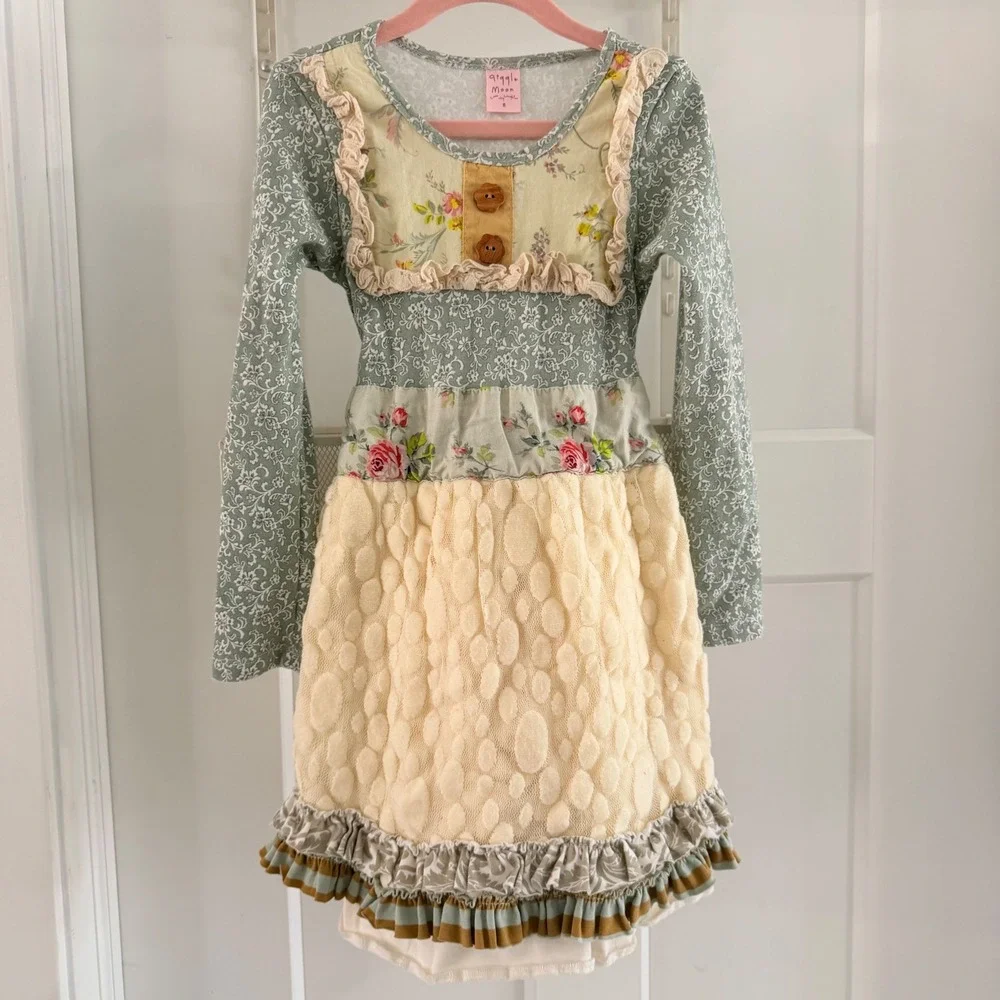 Giggle Moon Girls Floral Mixed Media Ruffle Lace Bow back‎ Dress Size 8